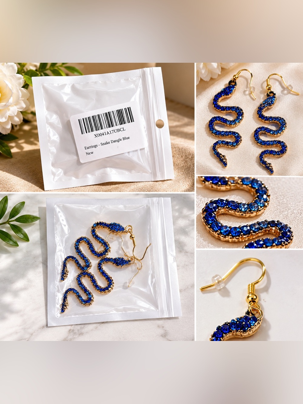 Gold Snake Dangle Earrings with Blue Crystal Accents